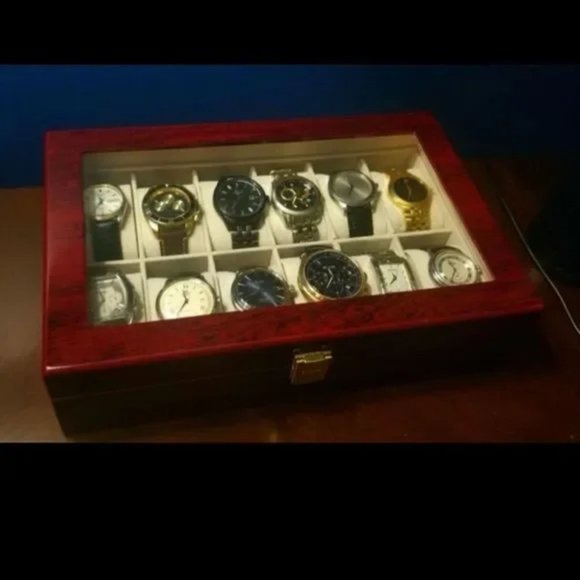 Cherry Watch Display Box, 12 Compartment Glass Top - Picture 5 of 9
